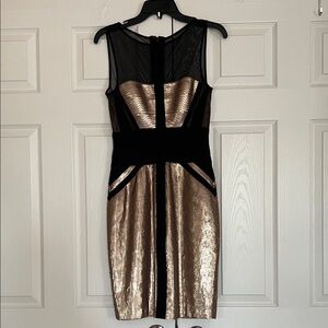 BCBGMaxAzria Black and Gold Shimmering Sequins Metallic Sleek Midi Party Dress
